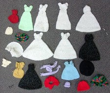 Large Lot Crocheted Vintage Barbie Clothes, 21 Dresses, Skirts, Tops, Hats, ETC