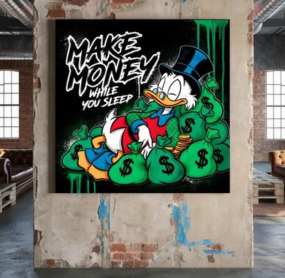 XXL LEINWAND BILD BIS 140x140x5 Dagobert Scrooge McDuck Zitat Geld POP-ART BUNT
