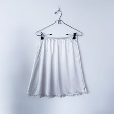 Vintage Off White Cream Knee Length Slip Skirt Lace Trim Elastic Waist