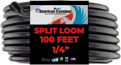 American Terminal 100FT Black 1/4'' Split Loom Wire Conduit Corrugated Plastic