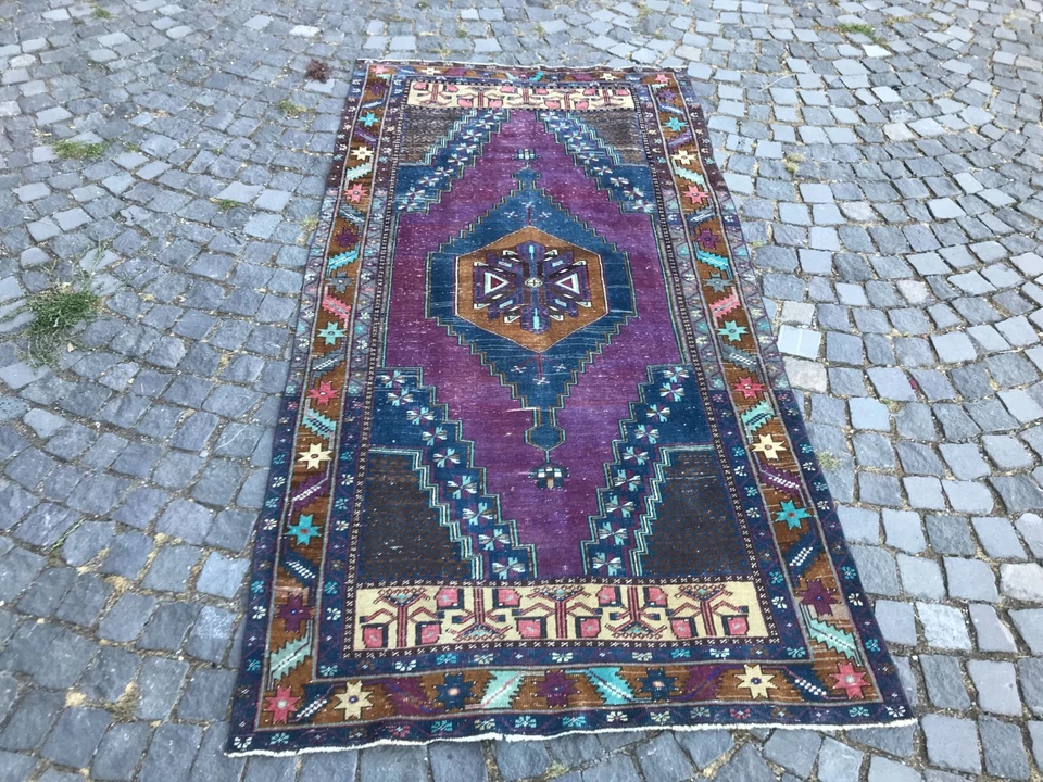 Богемский небольшой ковер ручной работы шерстяной ковер турецкий винтажный традиционный ковер 4,2 x 8,2 фута - Изображение 3 из 4