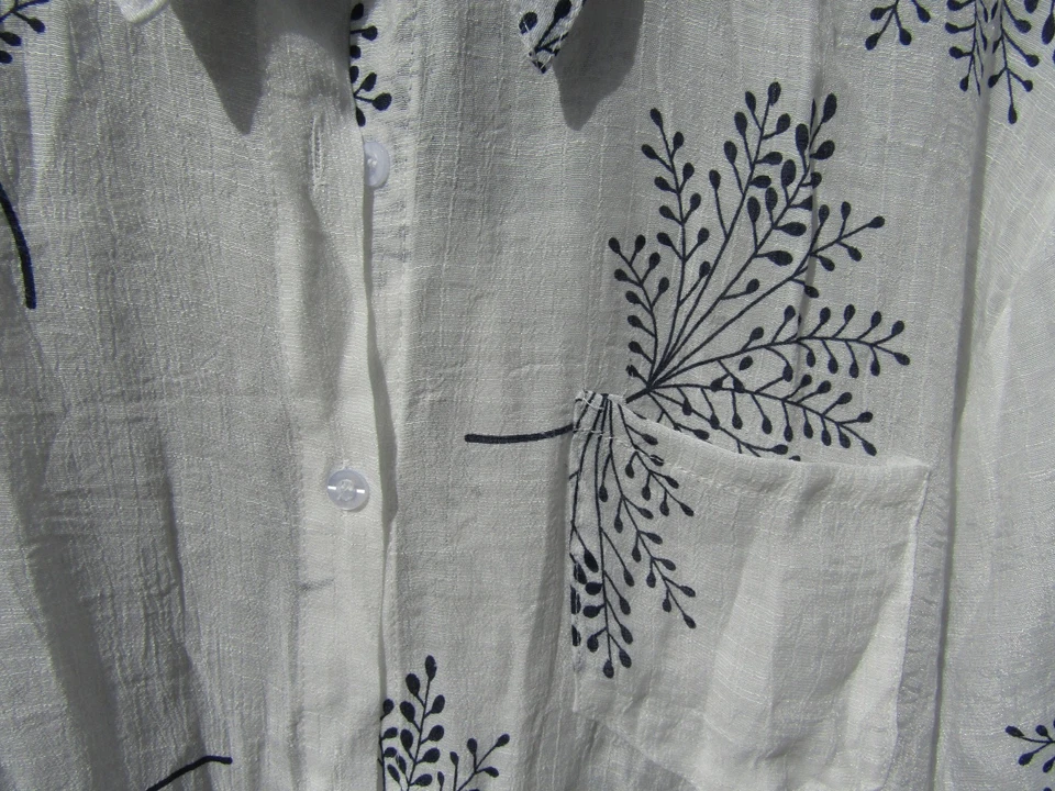 Chic White Long Sleeve Button Down Shirt Blue Leaf Print Blouse Women's Casual T - Image 4 of 4