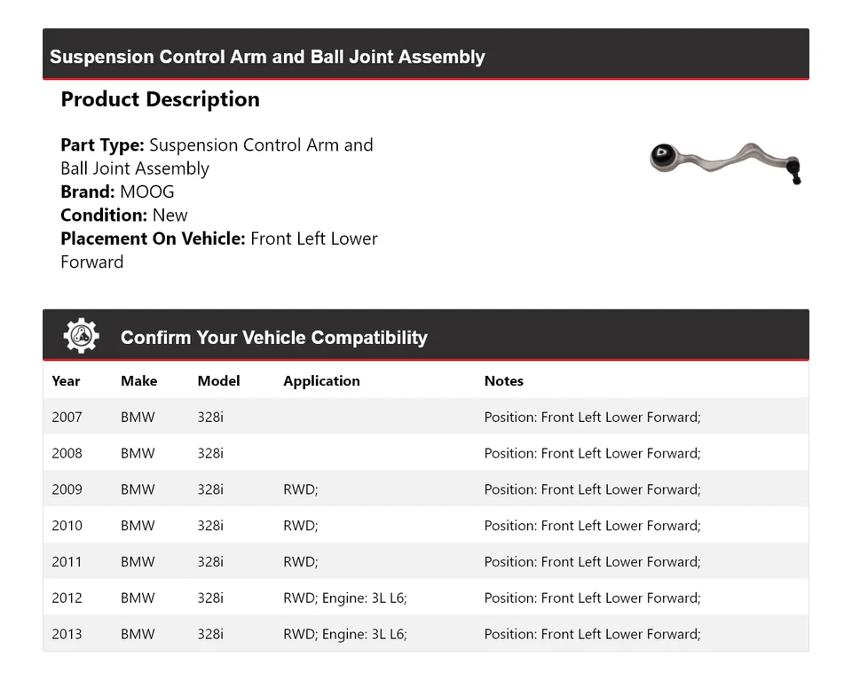 Brazo de control delantero izquierdo delantero inferior delantero MOOG 2007 2008 2009 BMW 328i 2007-2013 Foto 2 de 4