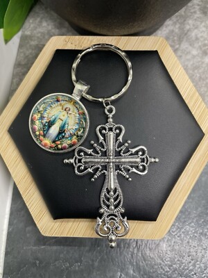 4  Silver-Tone Virgin Mary Pendant & Cross Keychain  New Free Ship B4177