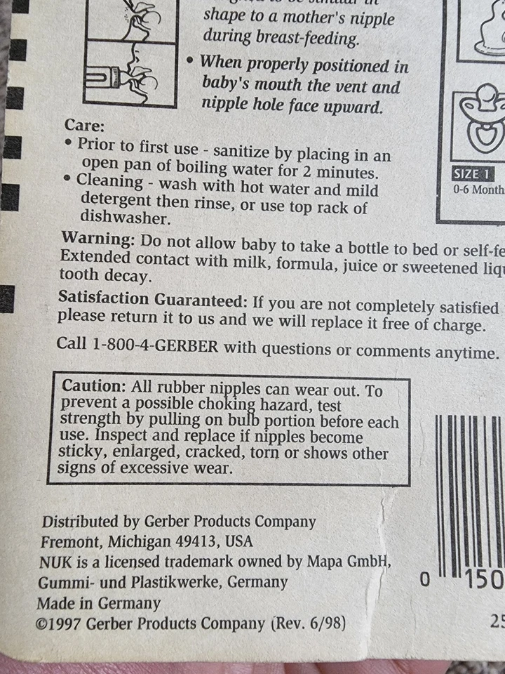 Lote de 2 pezones ortodoncia de látex Gerber NUK talla 1 vintage 1997 flujo lento bebé Foto 3 de 3