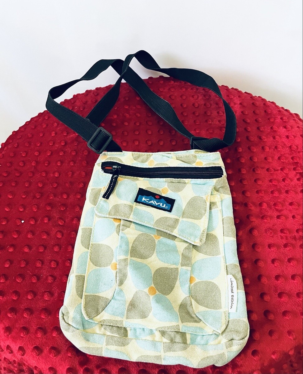 KAVU Keepalong Canvas Cross Body Canvas Shoulder Bag Blue Gray Flowers