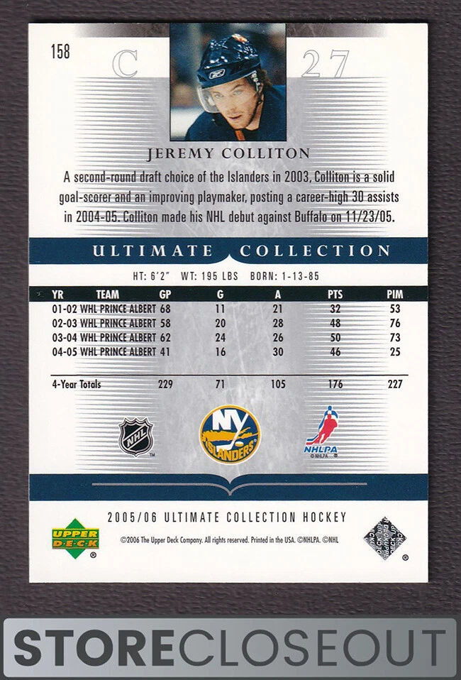 2005-06 Ultimate Collection #158 Jeremy Colliton Rookie /599 RC Set Break  - Image 2 of 2