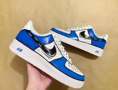 Nike Air Force 1 Custom Shoes 'Blue, Black White Graffiti Cartoon' Mens Womens