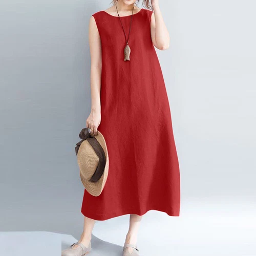 Langes ärmelloses Baumwoll-Leinen-Damenkleid Sommer Strand Freizeit Kaftan Kleid - Bild 6 von 17