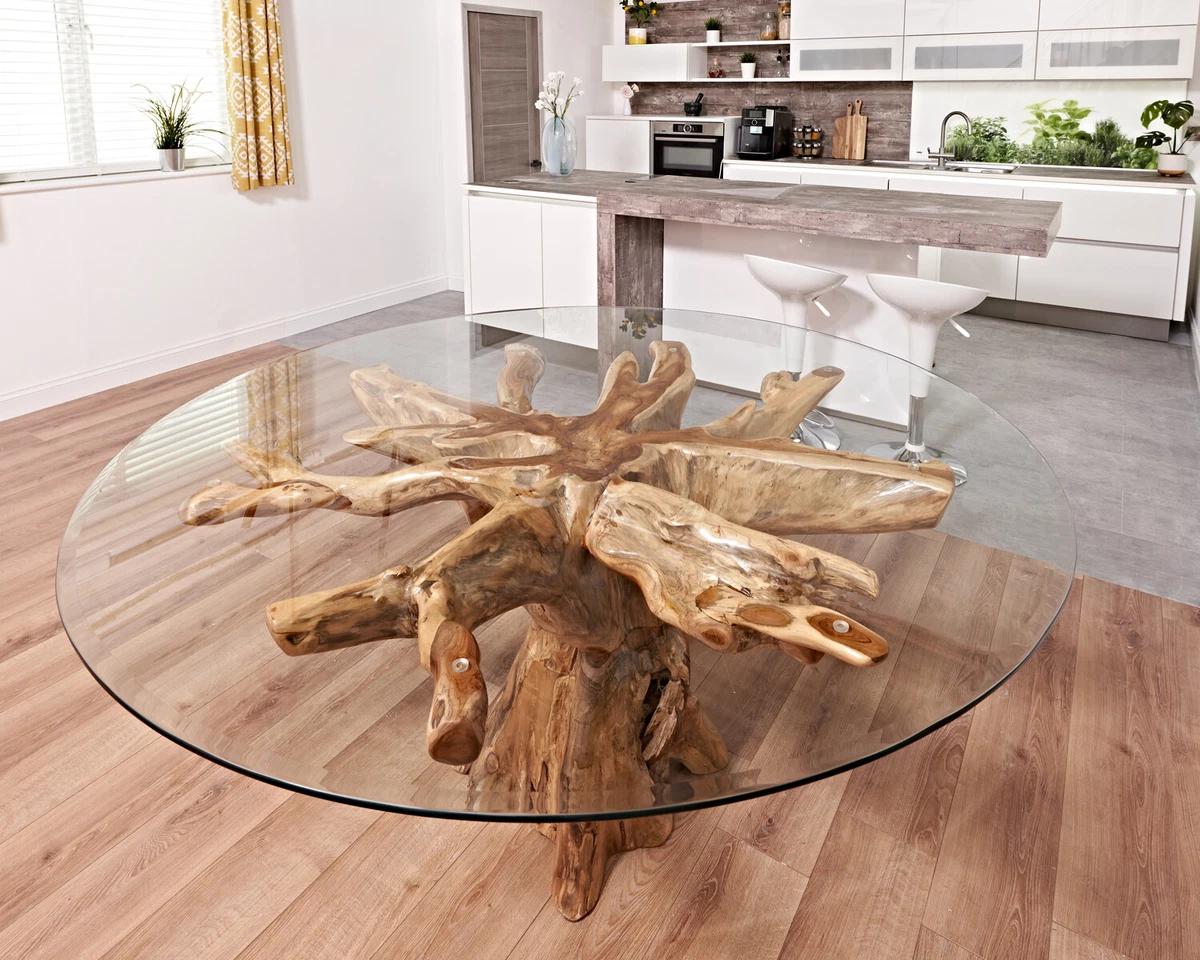 Reclaimed Teak Root TREE Root Glass Top Dining Table Round