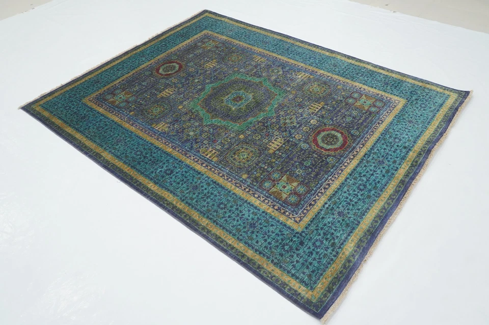 5 x 7 ft Blue Mamluk Afghan Hand Knotted Medallion Area Rug - Image 3 of 4