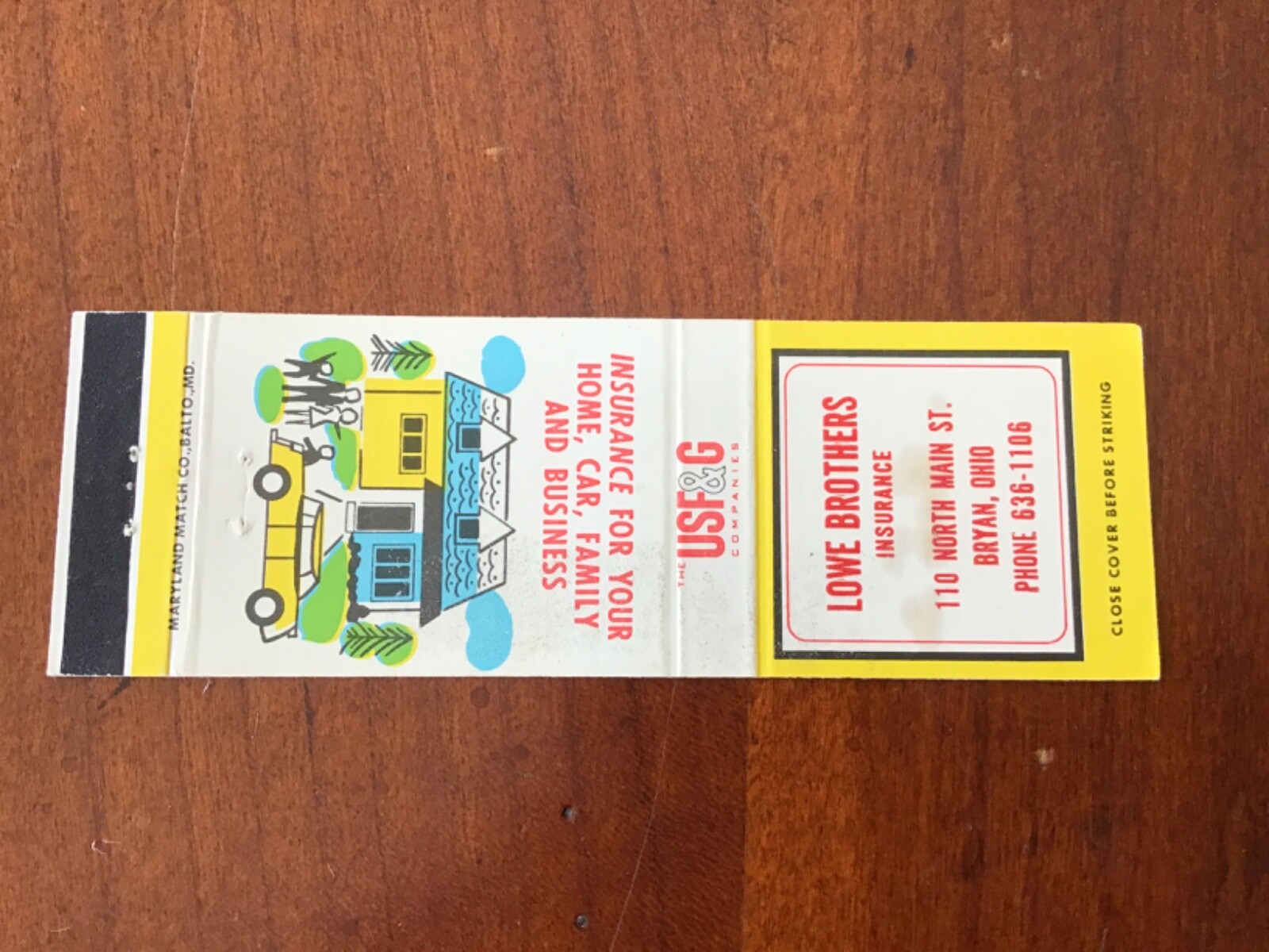 Matchbook Cover Lowe Brothers Insurance Agency Bryan Ohio