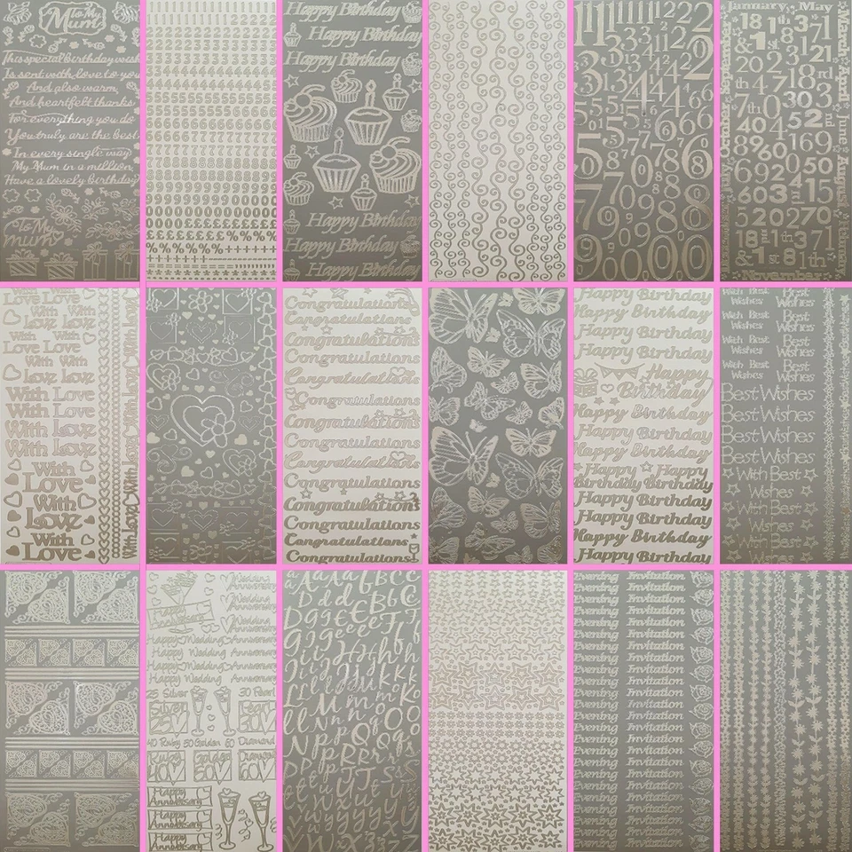 PEBBLE ELEVEN PREMIUM SILVER CARD MAKING STICKERS Peel Off Outline Craft Letter Numbers Words