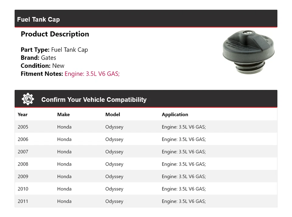 Para Honda Odyssey 2005-2011 3,5 L V6 Gas Tapa Tanque Puertas 2006 2007 2008 2009 Foto 2 de 4