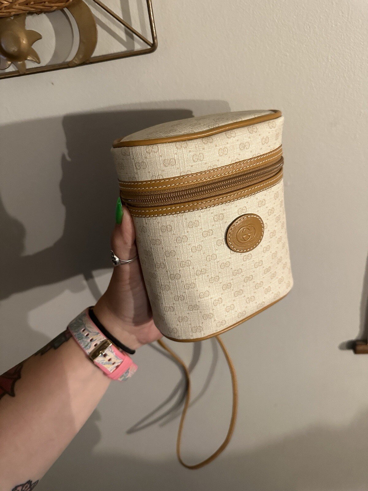 GUCCI Cream Canvas Tan Leather GG Monogram Binocular Crossbody Bag Made in Italy