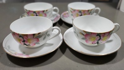 Noritake Azalea Cup Saucer Set 4 Cups 4 Saucers Hand Painted Red Mark Japan 1915