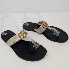 Gucci Marmont Silver Thong Sandals Size 39.5 GG Logo Monogram flats
