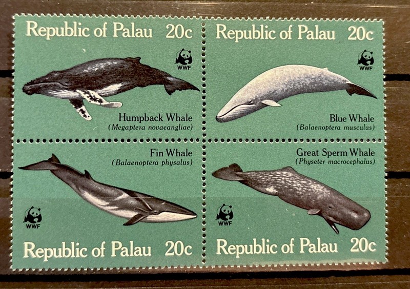 Palau, whales WWF S.C.#27A,S.C.V.$6.5 MNH. Complete block of 4 as issued in 1983