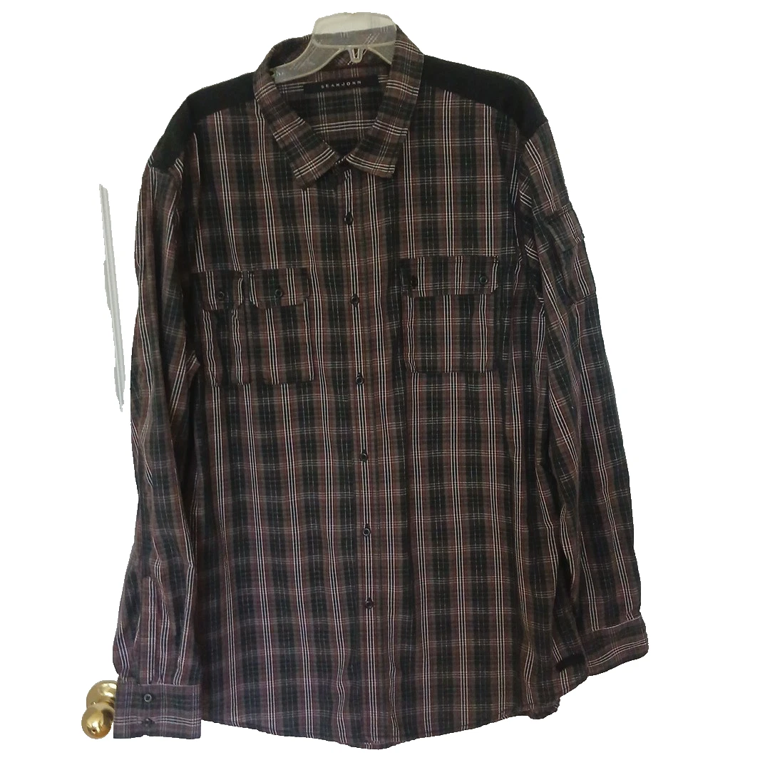 Sean John Men 4 XL Camp Long Sleeve Plaid Button Shirt Pocket Cotton Blend EUC