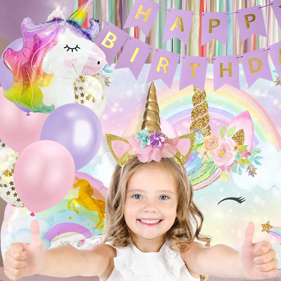 Decoraciones de fiesta de cumpleaños de unicornio, suministros de cumpleaños de unicornio para niñas - Rai... Foto 2 de 4