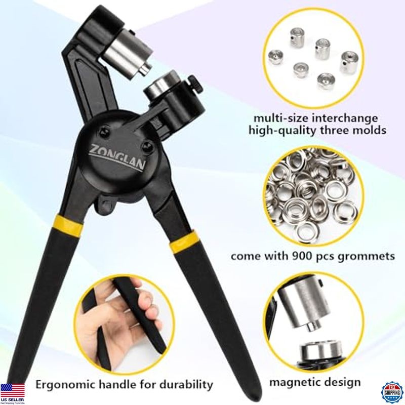 Heavy Duty Grommet Tool Kit - 1/2", 5/16", 3/8" Eyelet Plier & 900 Grommets