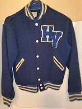 Vtg 60 s Wool LETTERMAN Varsity Jacket Blue White Boys Sz. L W/ Patch Felco HY.