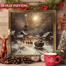 Vintage Santa Sleigh Snowy Church Village Wooden Sign Christmas Farmhouse Decor