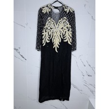Beaded Silk Laurence Kazar Evening Gown Large VTG Dress Black White Regal Art