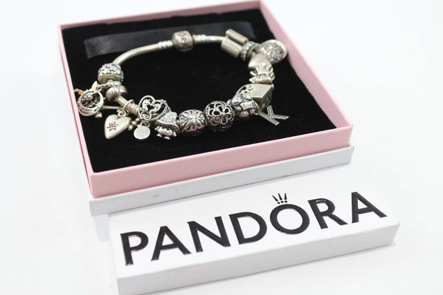 1 Pandora Sterling Silver Charm Bracelet w/ Charms Heart Butterfly Flower (63g)