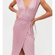 Urban Outfitters Pink Zina Gingham Wrap Dress Size Medium MIDI