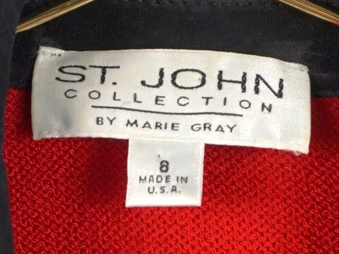 ST JOHN BY MARY GREY RED KNIT JACKET LEATHER ACCENTS HOLIDAY SZ 8 - Image 2 of 4