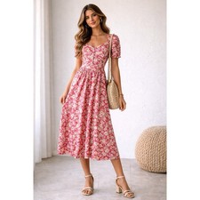 Laura Ashley VTG Y2K Cotton Floral Print Puff Sleeve V-Neck Midi Dress Pink 10