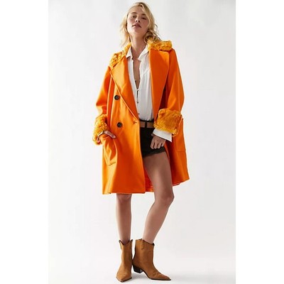Free People Roxy Neon Orange Faur Fur Wool Oversized Peacoat Coat Size Small
