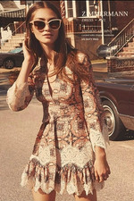Zimmermann 2016 Empire Konya Floral Print Flax Cotton Pleated Belted Dress AU1