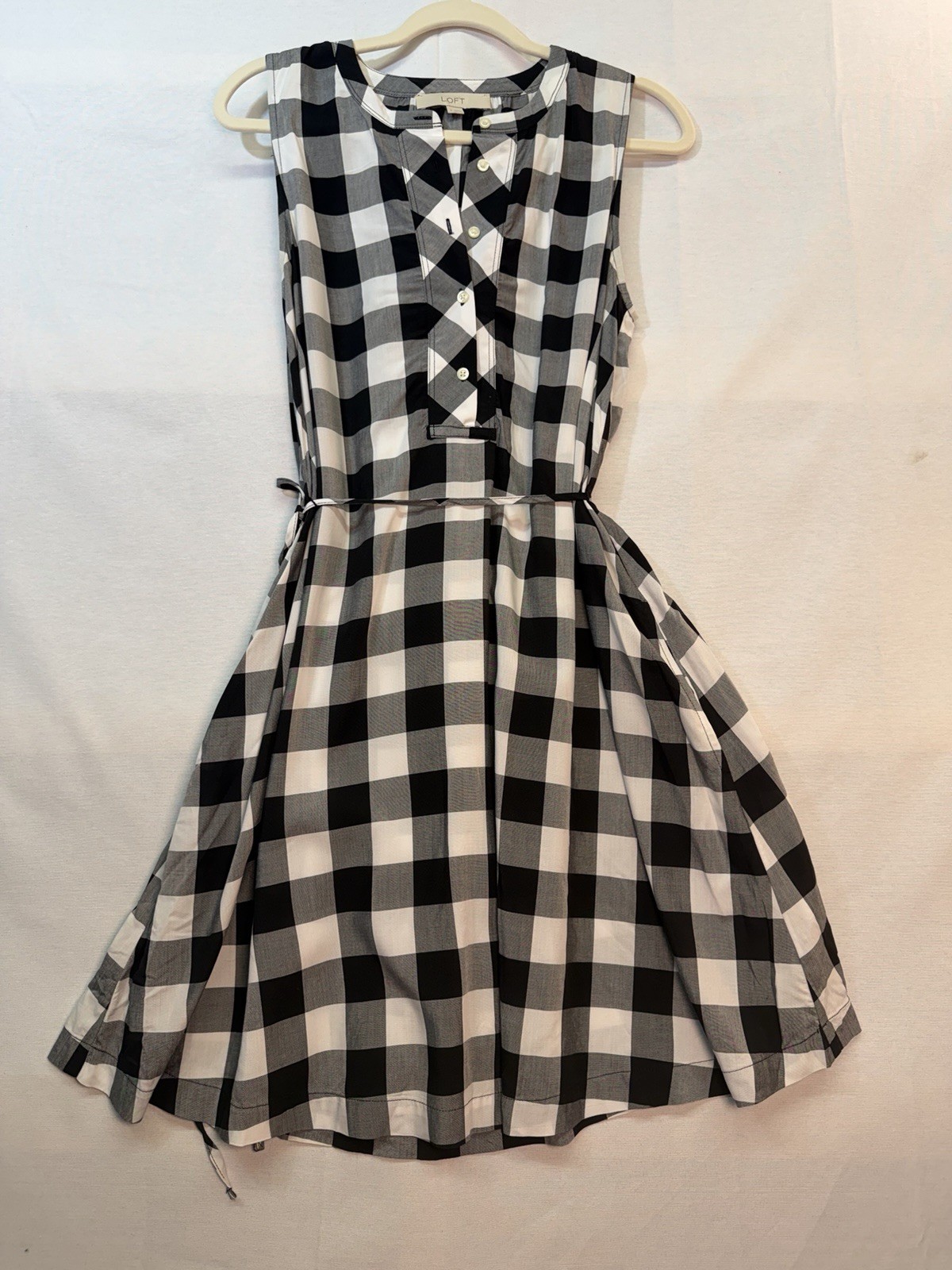 Loft Black And White Gingham Sleeveless Dress With Button Front Belted Size S