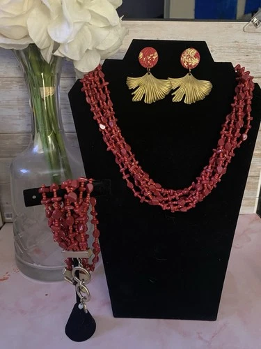Vintage Red Coral Costume Jewelry Set: Necklace, Bracelet, & Earrings. See Notes