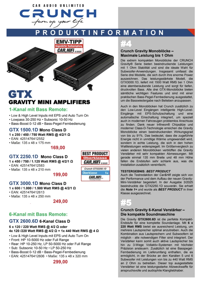 Crunch GTX1500.1D kompakter Class D Digital Mono 1-Kanal Verstärker 1500 Watt - Bild 4 von 4