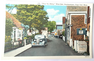 VTG 1941 PC ''WAY UP ALONG'' WEST END PROVINCETOWN CAPE COD MA CARS COTTAGES MINT