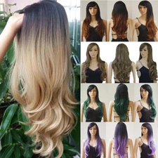 Vogue Long Brown Hair Wig with Bangs Real Soft Wave Curly Straight Full Wigs @M