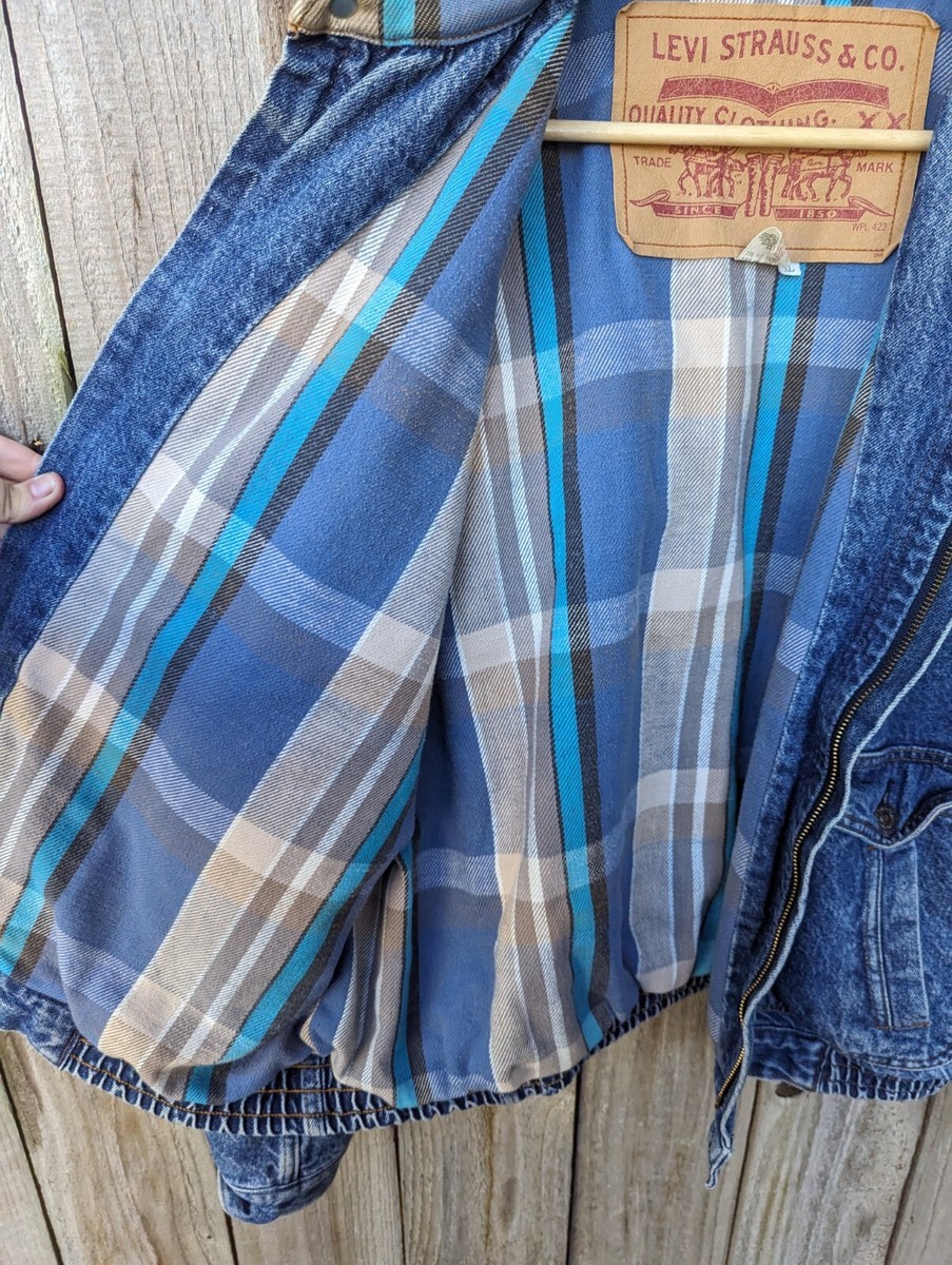Vintage 80s Levi's Denim Jacket Blanket Lined Zip Up Elastic Waist