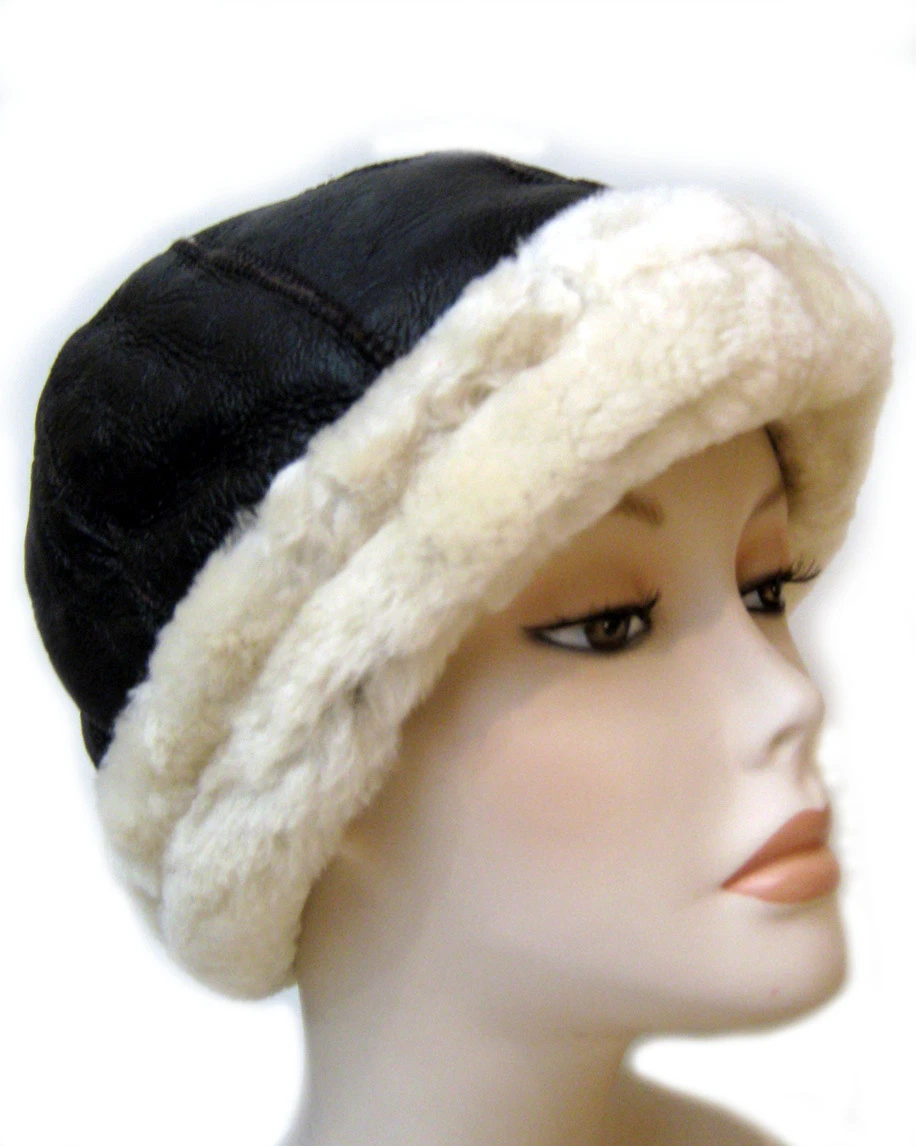 NEW Mens/Womens Beanie Round Brown Sheepskin Shearling Fur Hat Real Leather Warm