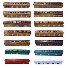 Wooden Coffin Incense Burner Cone Holder Box 12" Inch Triple Moon, Hamsa, Skull