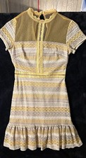 Women's Gold/White Lace Fit & Flare Mini Dress Ruffle Hem Lined Zip M