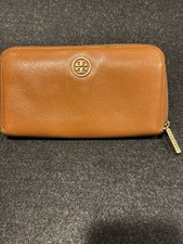 Tory Burch Women  s Brown Zip-Around Wallet w/ Zipper Logo Accents, Credit Card