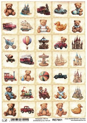 Reispapier DIN A4 Strohseide Kinder Symbole 1Teddy Ente Auto Lokomotive RE7901