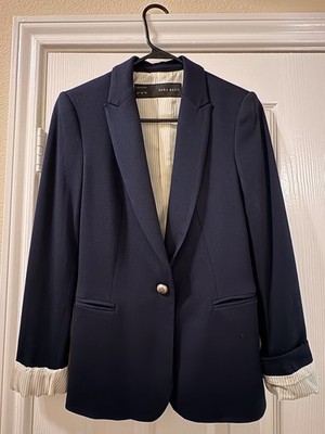 ZARA BASIC Women's Navy Solid Notch Lapel One-Button Blazer Jacket XS
