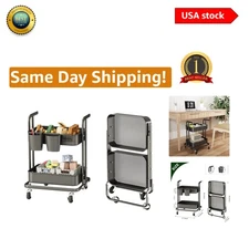 Black Metal Utility Cart - Foldable, 2-Tier Trolley with Child-Friendly Wheels