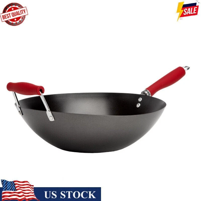 14 In Stir Fry Pan Wok Non-Stick Coating Dishwasher Safe Kitchen Carbon Steel US