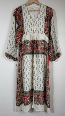 Mango Paisley Chiffon Boho Flowy Long Sleeves Midi Dress Size 4 | eBay