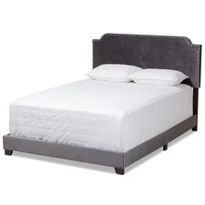 Baxton Studio Candace Velvet Nailhead Upholstered Full Bed in Gray Fabric